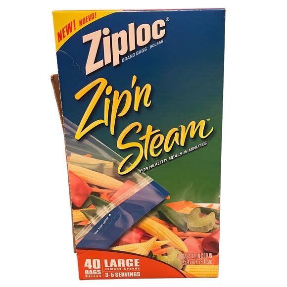 Ziploc Zip’n Steam Large Bags 40 Count Box NEW Discontinued 3-5 Servings 10X10” - Picture 1 of 9